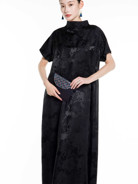 Silk Jacquard Short Sleeves Maxi Dress